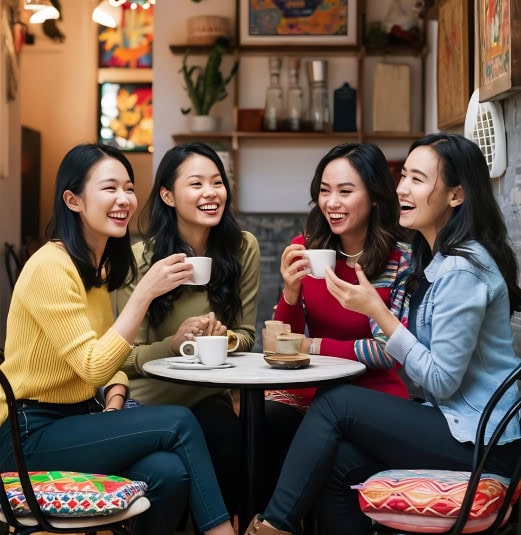 cheerful-asian-young-women-sitting-cafe-drinking-coffee-with-friends-talking-together 1